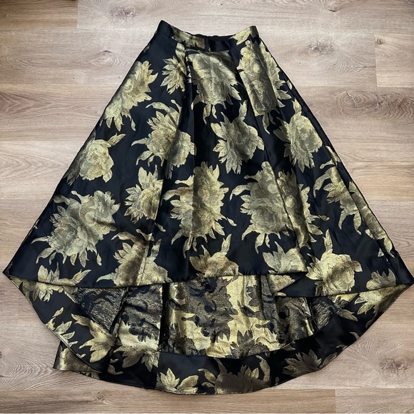 Eliza J Black and Metallic Floral Brocade A-Line High-Maxi Low Skirt - Picture 1 of 14